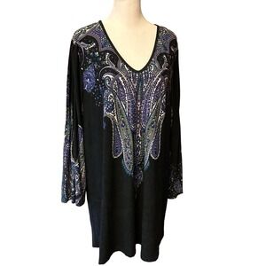 Effortless Style Citiknits Blouse Tunic Women 1X Black Paisley VNeck Bell Sleeve